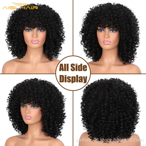Aisi Loose Curly Wave Black Short Bob Wig Wholesale Cheap Vendor Afro Kinky With Bangs For Black Women Synthetic Hair Wigs